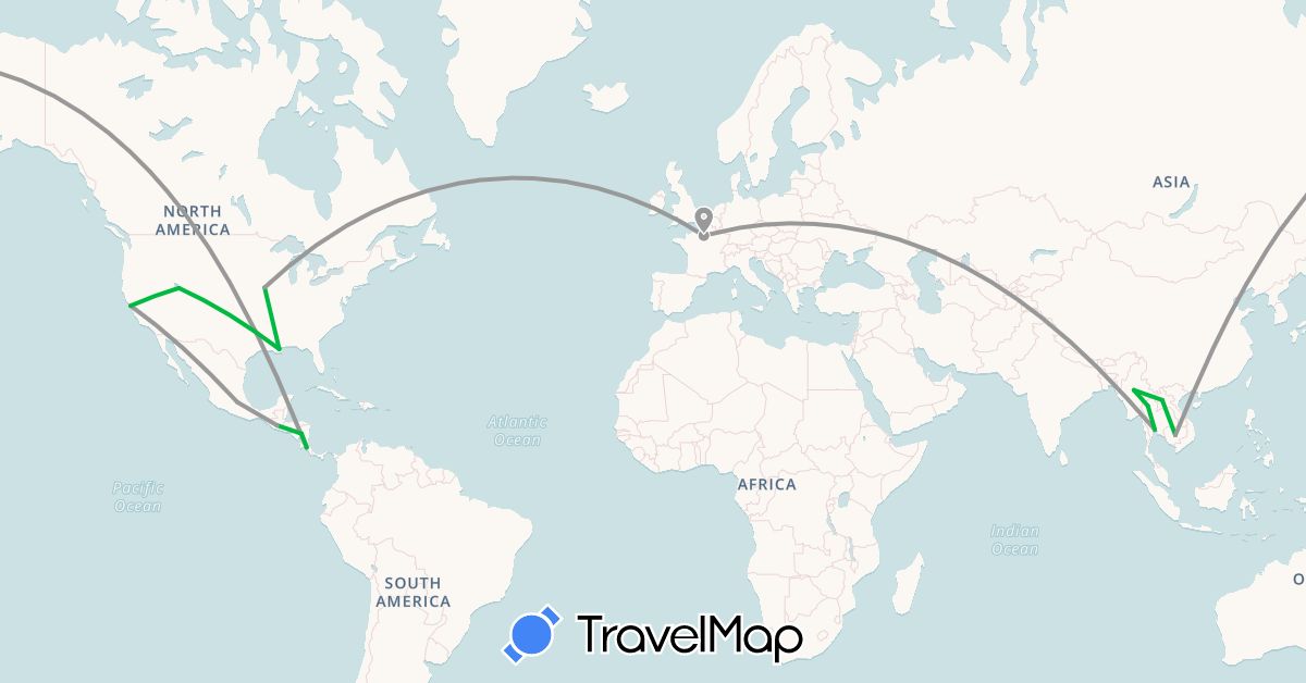TravelMap itinerary: driving, bus, plane in Costa Rica, France, Guatemala, Cambodia, Laos, Myanmar (Burma), Mexico, Nicaragua, Thailand, United States (Asia, Europe, North America)